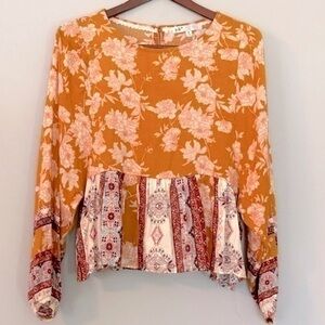 Jolt Womens Yellow Orange Floral Boho Top Blouse Long Sleeve Ruffle NWT M